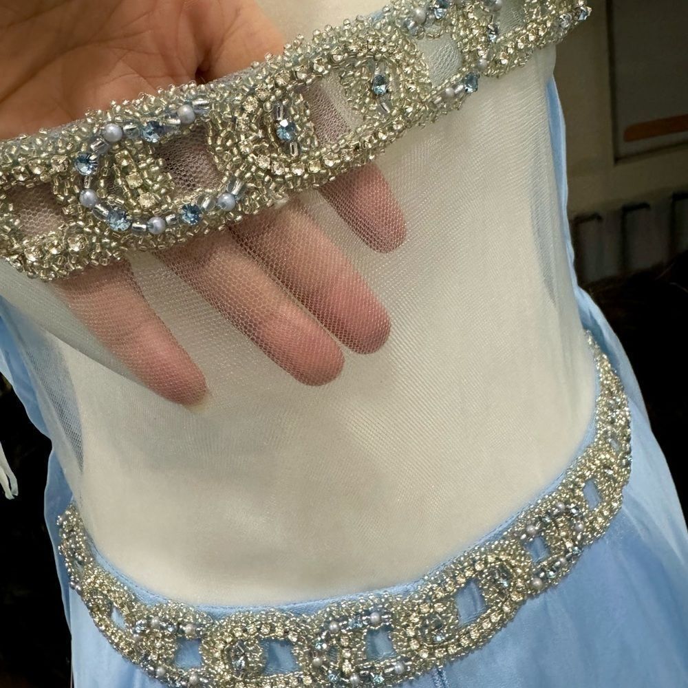 New Gorgeous Light Blue Beaded Chiffon Gown With Shawl - Picture 15 of 16
